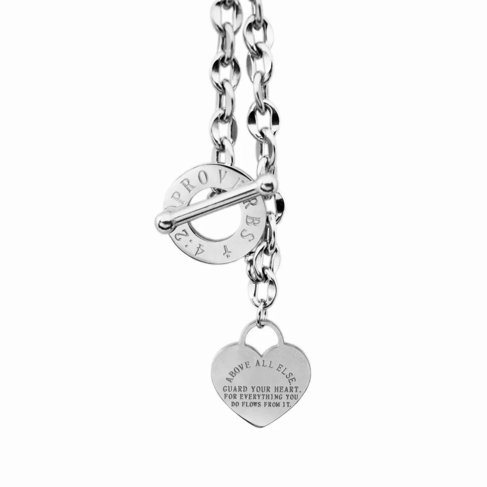 New Proverbs 4:23 Handmade 316L Stainless Steel Cross Heart Pendant Necklace